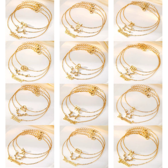 Alloy Constellation Women's Multilayer Anklet Jewelry 3Piece Set Inlaid With Artificial Gemstones And Semiprecious Stones