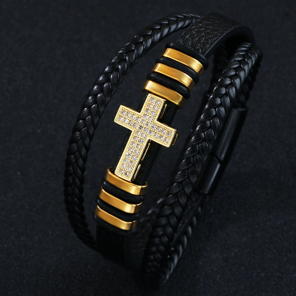 Alloy Copper Inlaid Zircon Cross Bracelet Hand Woven With Pu Leather Rope Fashion Jewelry With Diamond Design