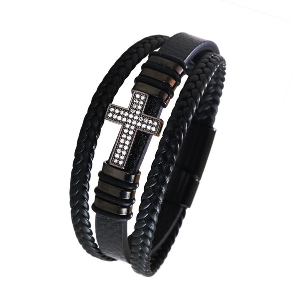 Alloy Copper Inlaid Zircon Cross Bracelet Hand Woven With Pu Leather Rope Fashion Jewelry With Diamond Design