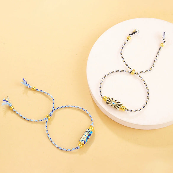 Alloy Cotton Rope Bracelet With Geometric Pattern And Dripping Oil Treatment Unisex Hexagonal Prism And Devil's Eye Design