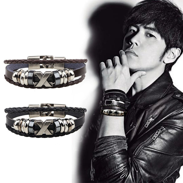 Alloy Cowhide And Pu Leather Woven Bracelet With Geometric Pattern Retro Style Electroplated Accessories