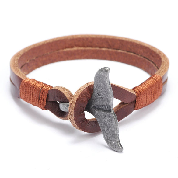 Alloy Cowhide Handwoven Men's Bracelet With Whale Tail Animal Zodiac Pattern And Electroplating Treatment