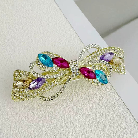Alloy Crystal Spring Hairpin For Women With Bow Design And Electroplating Processing