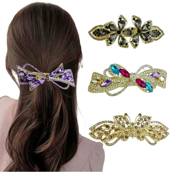 Alloy Crystal Spring Hairpin For Women With Bow Design And Electroplating Processing