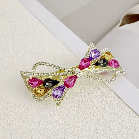 Alloy Crystal Spring Hairpin For Women With Bow Design And Electroplating Processing