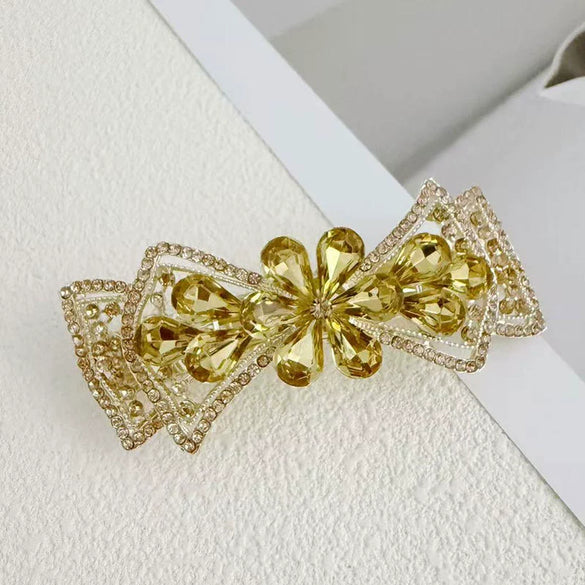 Alloy Crystal Spring Hairpin For Women With Bow Design And Electroplating Processing