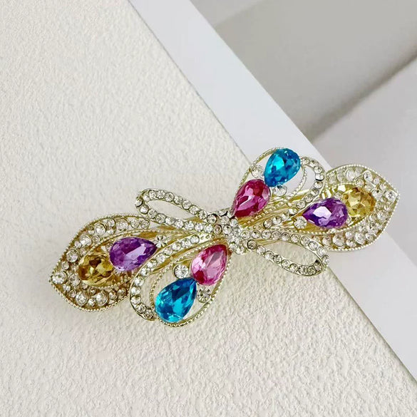 Alloy Crystal Spring Hairpin For Women With Bow Design And Electroplating Processing