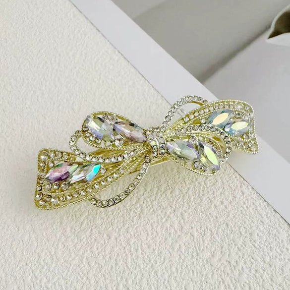 Alloy Crystal Spring Hairpin For Women With Bow Design And Electroplating Processing