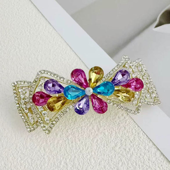 Alloy Crystal Spring Hairpin For Women With Bow Design And Electroplating Processing