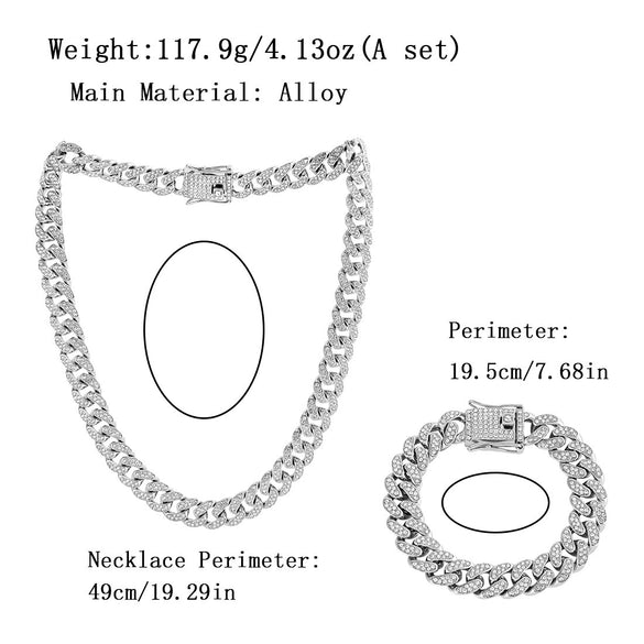 Alloy Cuban Chain Diamond Geometric Fashion Women's Necklace Bracelet Set