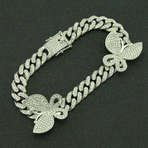 Alloy Cuban Chain Necklace With Diamond Inlay And Butterfly Pattern Hip Hop Style Unisex
