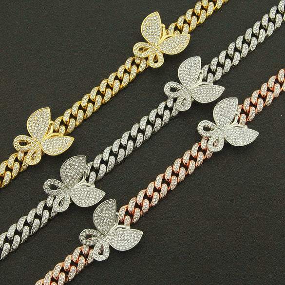 Alloy Cuban Chain Necklace With Diamond Inlay And Butterfly Pattern Hip Hop Style Unisex