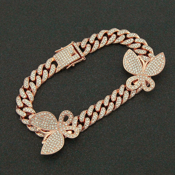 Alloy Cuban Chain Necklace With Diamond Inlay And Butterfly Pattern Hip Hop Style Unisex