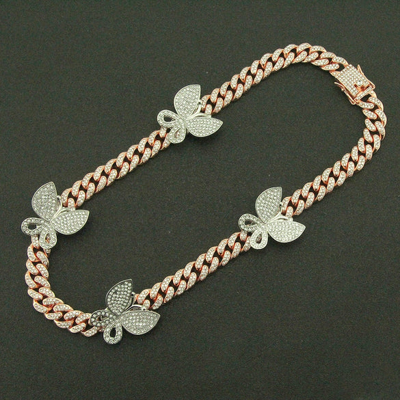 Alloy Cuban Chain Necklace With Diamond Inlay And Butterfly Pattern Hip Hop Style Unisex