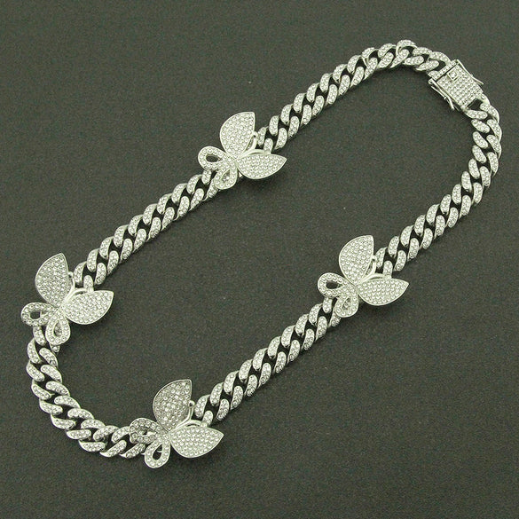 Alloy Cuban Chain Necklace With Diamond Inlay And Butterfly Pattern Hip Hop Style Unisex