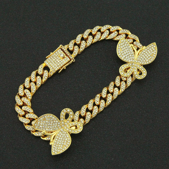 Alloy Cuban Chain Necklace With Diamond Inlay And Butterfly Pattern Hip Hop Style Unisex