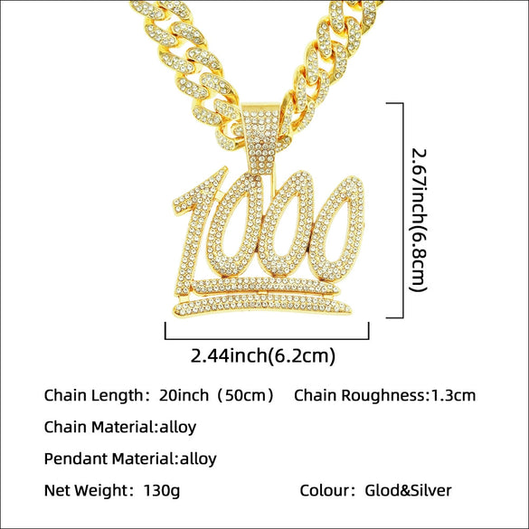 Alloy Cuban Chain Necklace With Hip Hop Style Diamond Pendant Featuring Letters Numbers And Text