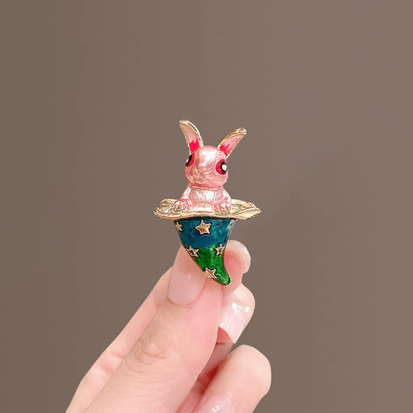 Alloy Cute Cartoon Pink Rabbit Magic Hat Brooch For Women With Electroplating Treatment
