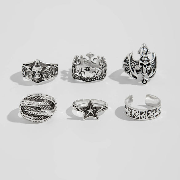 Alloy Dark Punk Retro Joint Ring Set With Carved Bat And Geometric Pattern For Couple