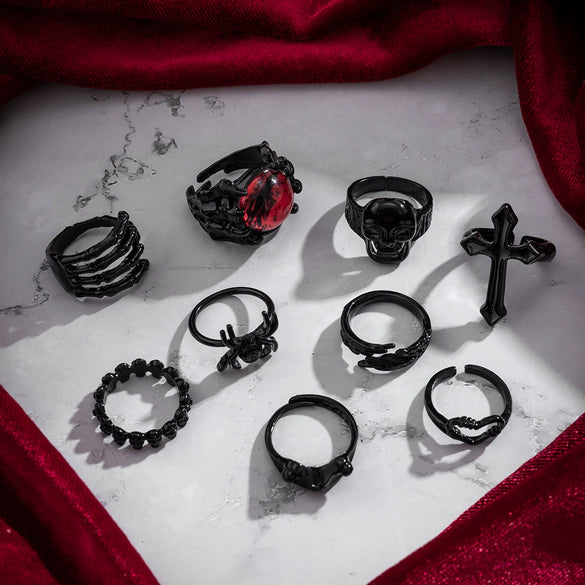 Alloy Dark Punk Retro Joint Ring Set With Carved Bat And Geometric Pattern For Couple