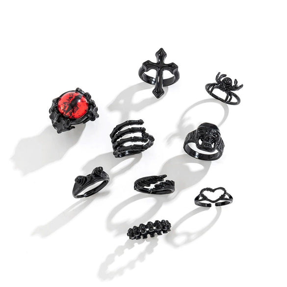 Alloy Dark Punk Retro Joint Ring Set With Carved Bat And Geometric Pattern For Couple