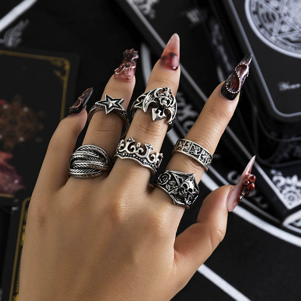 Alloy Dark Punk Retro Joint Ring Set With Carved Bat And Geometric Pattern For Couple