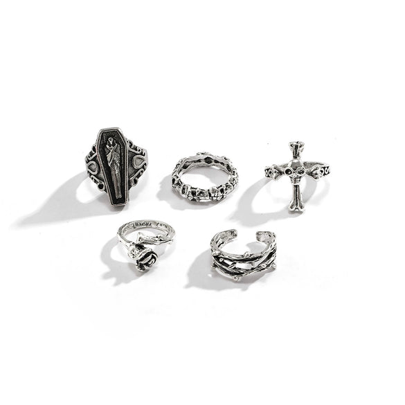 Alloy Dark Punk Retro Joint Ring Set With Carved Bat And Geometric Pattern For Couple