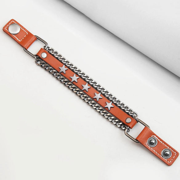 Alloy Denim Punk Geometric Fivepointed Star Chain Cowhide Bracelet Electroplating Unisex