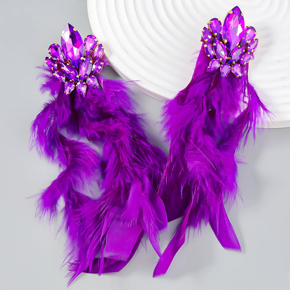 Alloy Diamond Geometric Flower Long Feather Tassel Women's Earrings