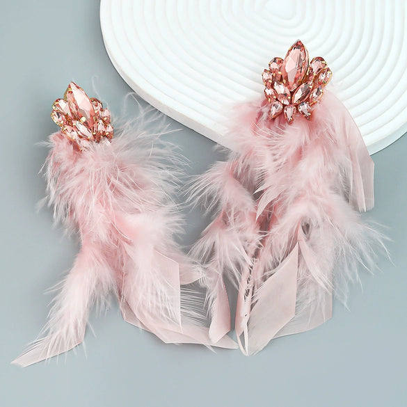 Alloy Diamond Geometric Flower Long Feather Tassel Women's Earrings
