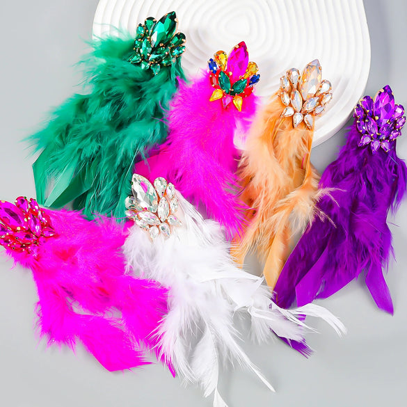 Alloy Diamond Geometric Flower Long Feather Tassel Women's Earrings