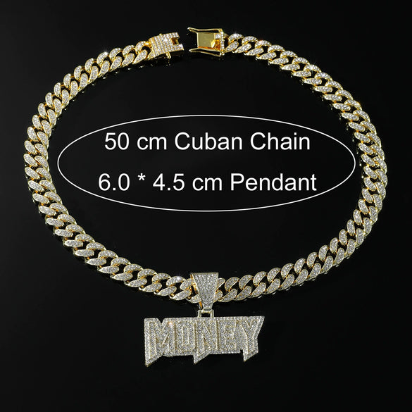 Alloy Diamond Letters Pendant Necklace Cuban Chain Hip Hop Punk Jewelry For Men