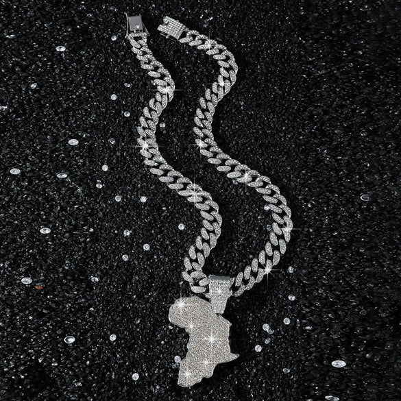 Alloy Diamond Map Pendant Cuban Chain Men's Hiphop Necklace