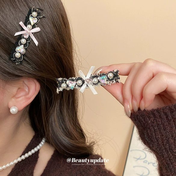 Alloy Diamondencrusted Love Pearl Bow Duckbill Hairpin Light Luxury Hair Accessories Headdress