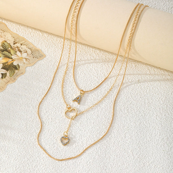 Alloy Diamondencrusted Love Pendant Threelayer Necklace With Letter Pattern For Women