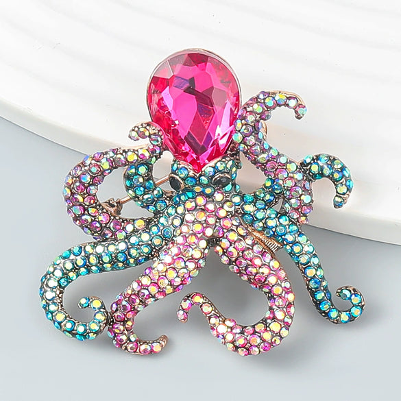 Alloy Diamondencrusted Octopus Brooch Natural Style Animal Pattern Women's Fashion Accessory