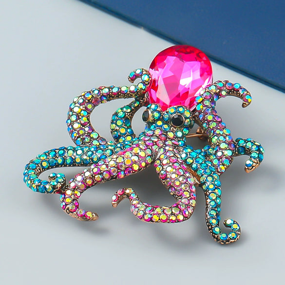 Alloy Diamondencrusted Octopus Brooch Natural Style Animal Pattern Women's Fashion Accessory