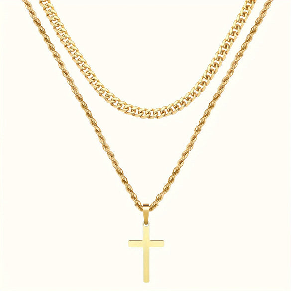 Alloy Double Layer Cross Pendant Necklace With Regular Chain Geometric Style Electroplating Treatment U Shape