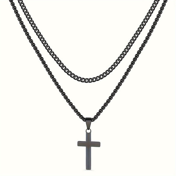 Alloy Double Layer Cross Pendant Necklace With Regular Chain Geometric Style Electroplating Treatment U Shape