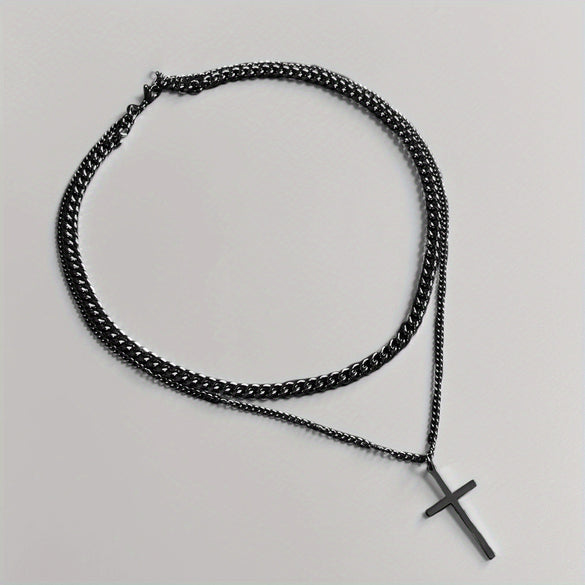 Alloy Double Layer Cross Pendant Necklace With Regular Chain Geometric Style Electroplating Treatment U Shape