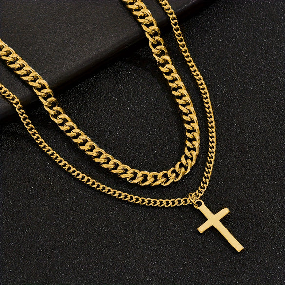 Alloy Double Layer Cross Pendant Necklace With Regular Chain Geometric Style Electroplating Treatment U Shape