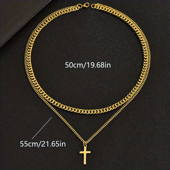 Alloy Double Layer Cross Pendant Necklace With Regular Chain Geometric Style Electroplating Treatment U Shape