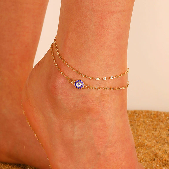 Alloy Double Layer Turkey Blue Rhinestone Evil Eyes Anklet For Women With Geometric Pattern