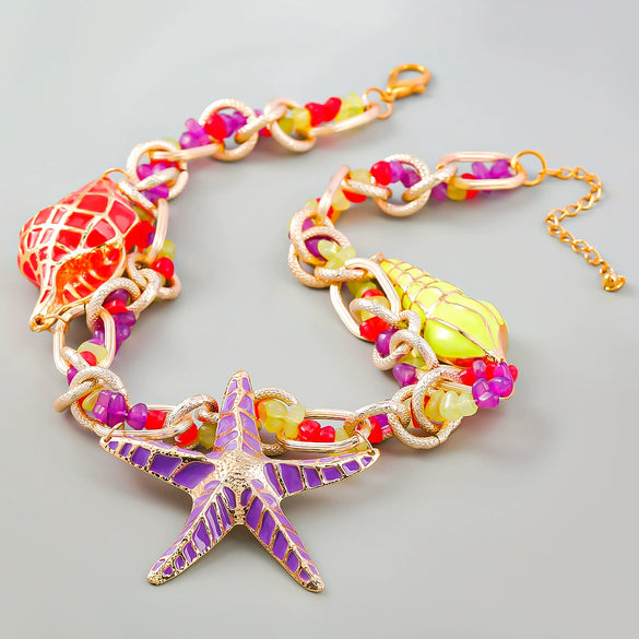 Alloy Dripping Oil Geometric Conch Sea Star Necklace For Women Retro Hip Hop Style With Snake Bone Chain