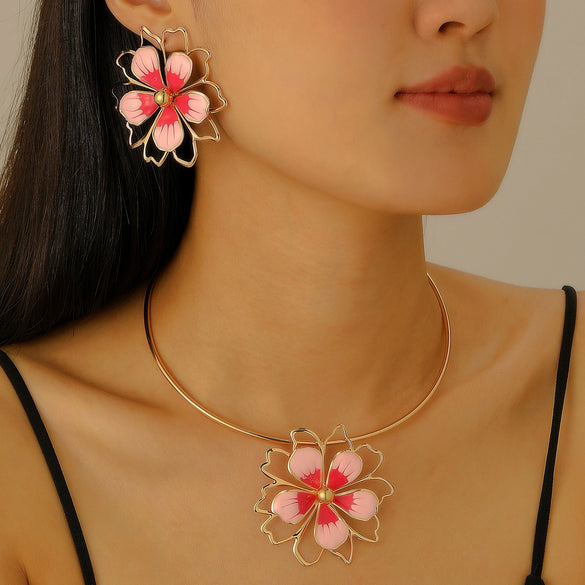 Alloy Dripping Oil Plants Flowers Style Hollow Double Petal Earrings Jewelry