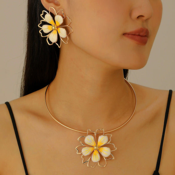 Alloy Dripping Oil Plants Flowers Style Hollow Double Petal Earrings Jewelry