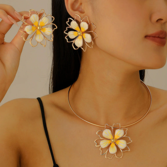Alloy Dripping Oil Plants Flowers Style Hollow Double Petal Earrings Jewelry