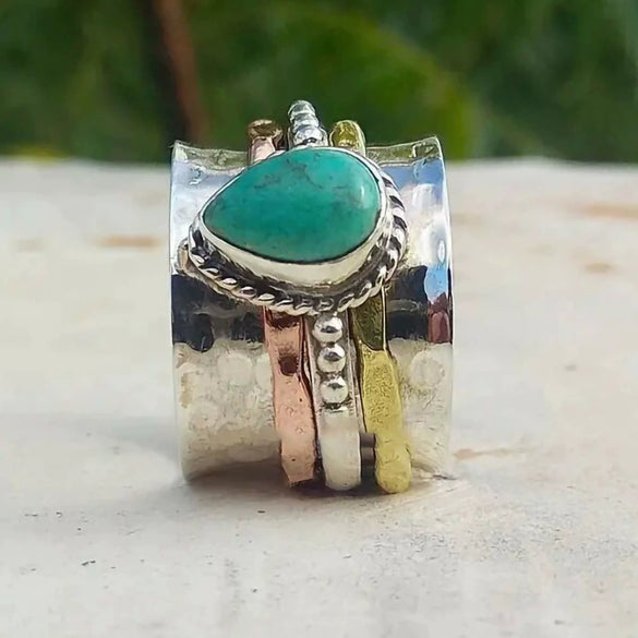 Alloy Drop Shape Distressed Retro Imitation Turquoise Ring For Women