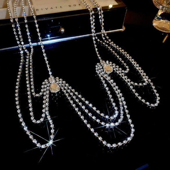 Alloy Drop Shape Geometric Multilayer Shoulder Chain Necklace Set With Diamonds For Women