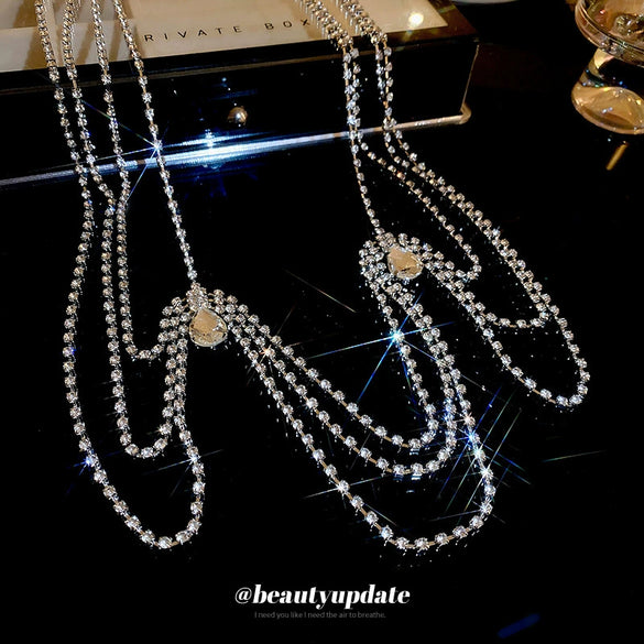 Alloy Drop Shape Geometric Multilayer Shoulder Chain Necklace Set With Diamonds For Women